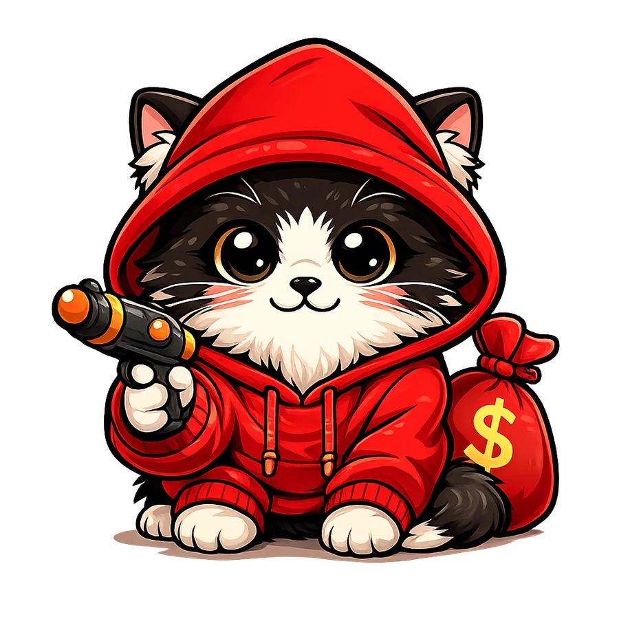 Robinhood the cat, red hoodie, water pistol, bag of cash